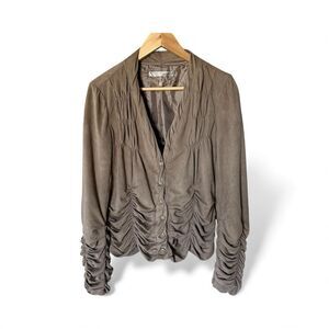 Miilla Faux Suede Women’s Taupe Button Down Jacket size L Ruched Super Soft